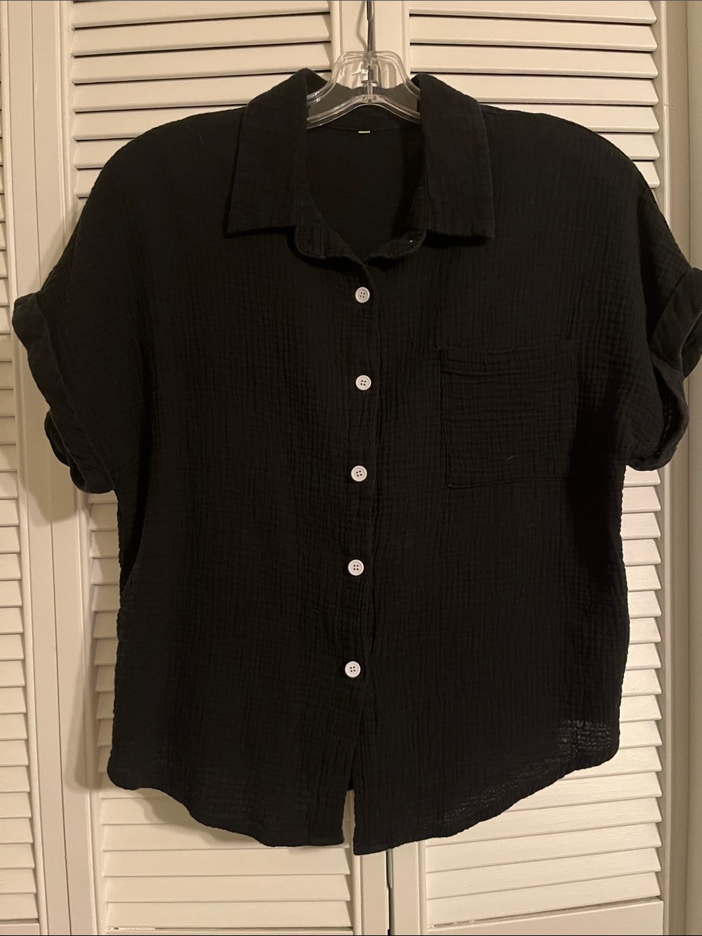 Black Relaxed Short-Sleeve Button Front Blouse